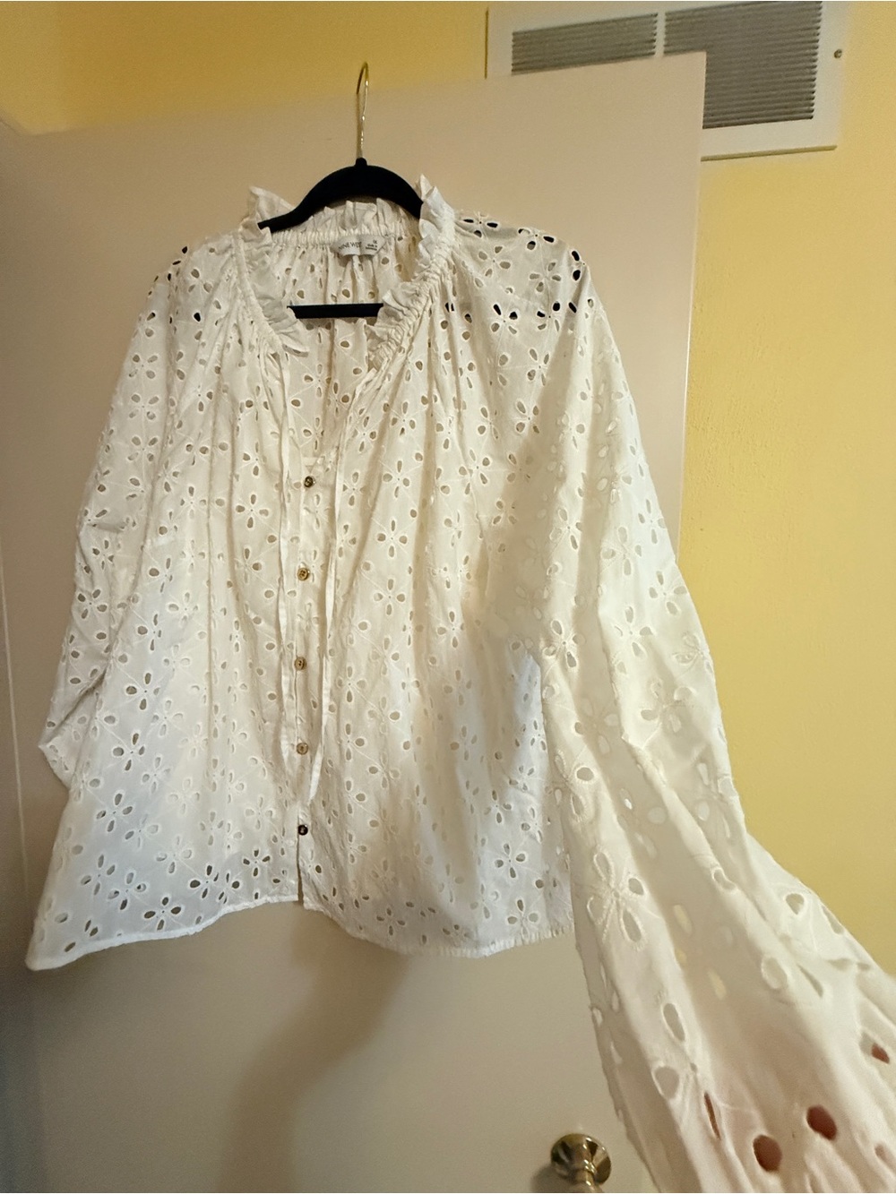 Nine West White Eyelet Ruffled Button-Front Blouse